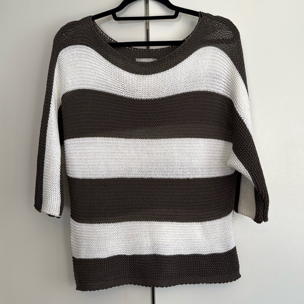 Carina Ricci Italy Striped Knit Sweater Olive White 3/4 Sleeve Small Coastal